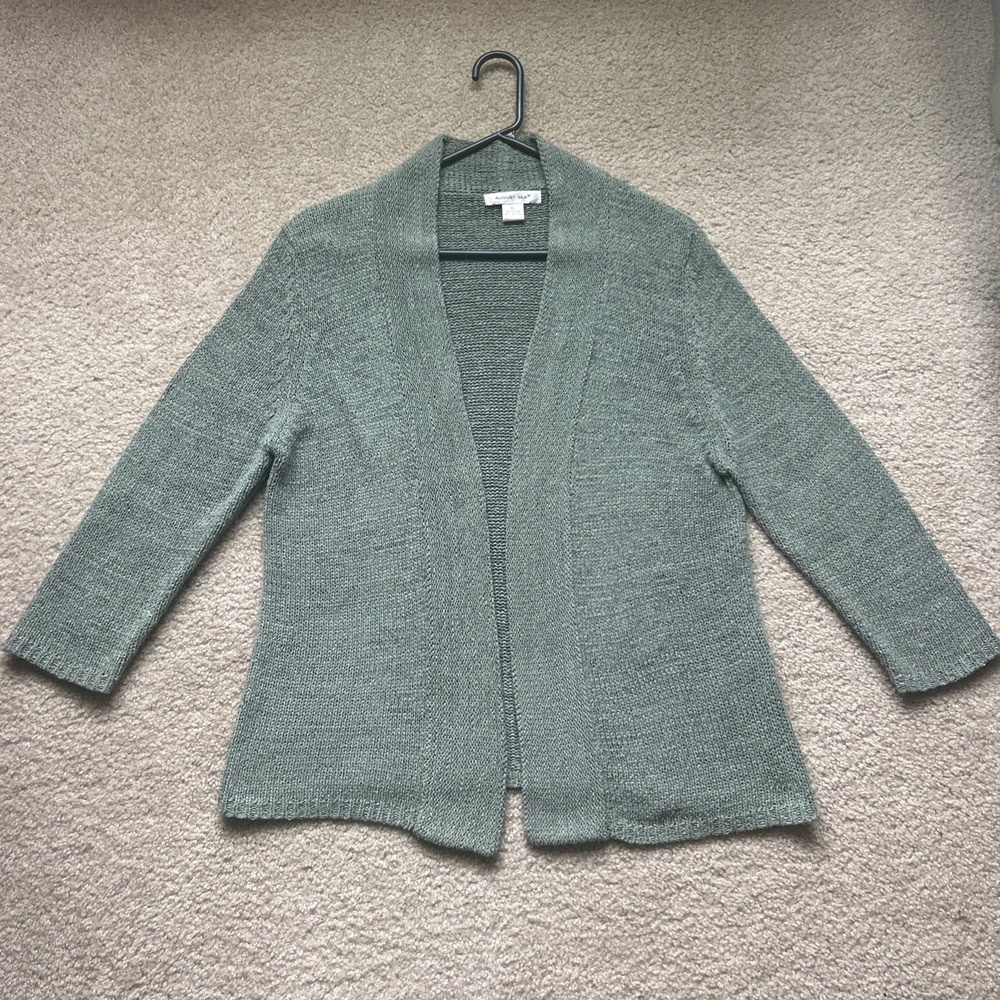August Silk Sage Green Knit Cardigan Sweater XL Open Front Soft Fall Layering